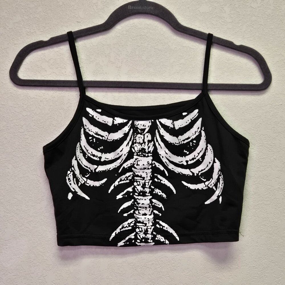 Skeleton Print Goth Punk Halloween‎ Crop Top Spaghetti Straps S Tank Top